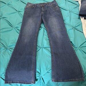 Blue Flare Wide Leg Jeans with Faded Details